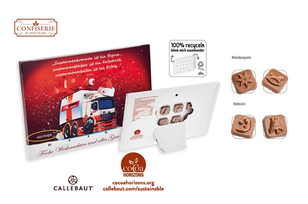 Tisch Adventskalender personalisiert 60 g  ,  Inhalt:  Callebaut Vollmilch Schokolade Kalender
