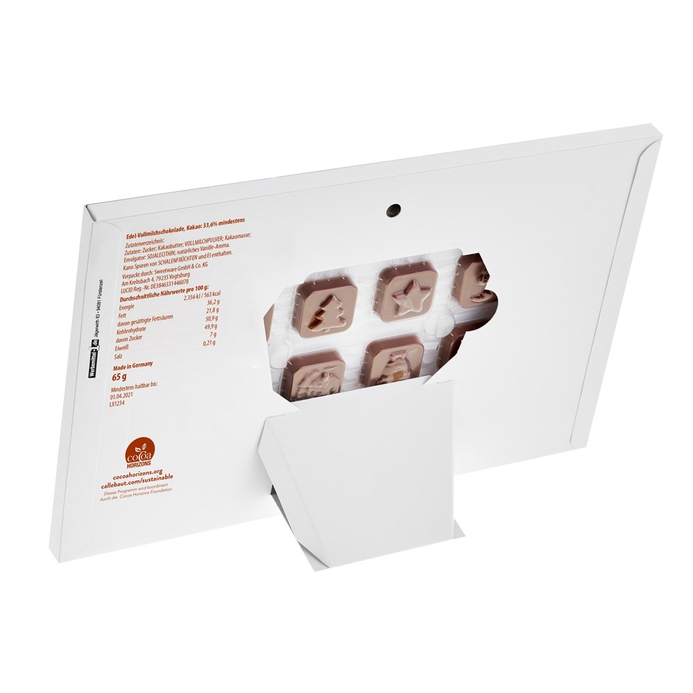 Tisch Adventskalender personalisiert 60 g  ,  Inhalt:  Callebaut Vollmilch Schokolade Kalender