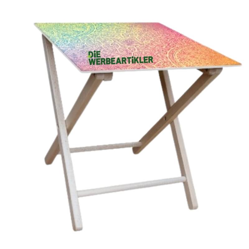 Klappbarer Holztisch mit Werbedruck 40 x 40 cm